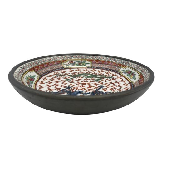Hand-Painted Japanese Dragon Porcelain Bowl 9.5″ Pewter Encased Hong Kong Art - Picture 6 of 6